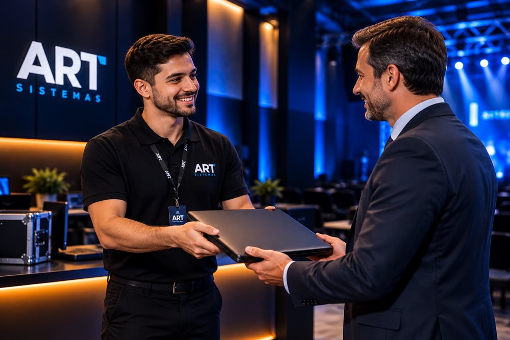 Profissional da ART Sistemas entregando notebook a cliente em evento